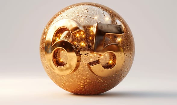 Golden ball with a number 65 on a white background. Selective focus.
