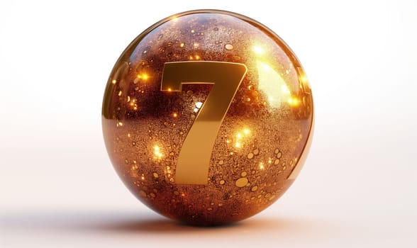 Golden ball with a number 7 on a white background. Selective focus.