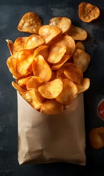 Potato Chips in a Paper Bag on Table. Selective focus.