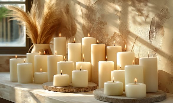 Group of White Candles on Wooden Table. Selective focus.