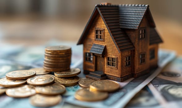 Model House Atop Gold Coins. Selective focus