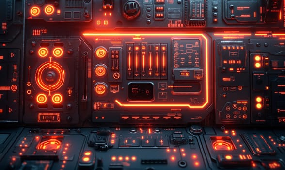 Futuristic Computer With Orange Lights. Selective focus.