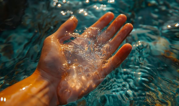 Hand Gently Touching Calm Water Surface. Selective focus