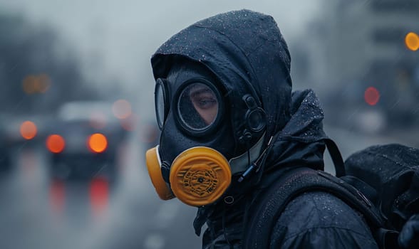 A man in a gas mask on the street. Selective focus