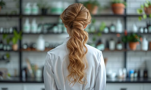 Woman Standing by Shelf of Flowers. Selective soft focus.