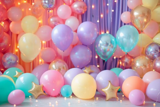 A colorful room with a lot of balloons and stars. The balloons are in different colors and sizes, and the stars are scattered around the room. Scene is cheerful and festive