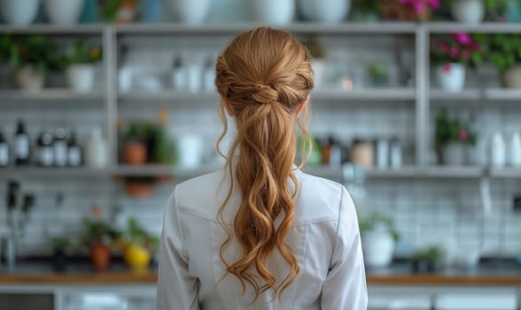 Woman Standing by Shelf of Flowers. Selective soft focus.