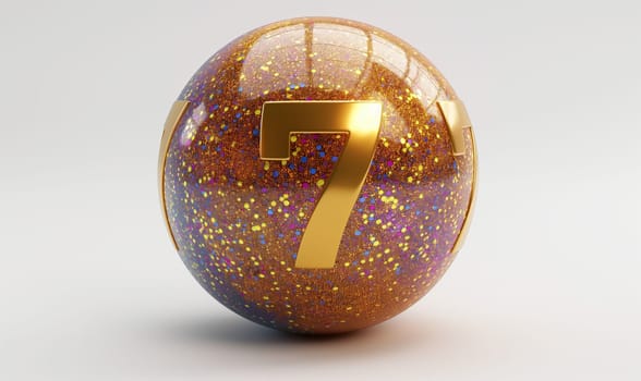 Golden ball with a number 7 on a white background. Selective focus.