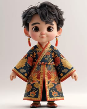 Cartoon, 3D boy in national traditional Asian attire. Selective focus.