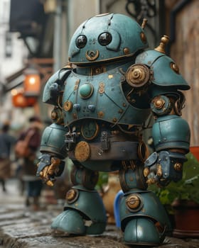Steampunk Character on Cobbled Street. Selective focus