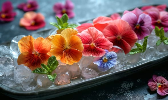 Tray With Ice and Colorful Flowers. Selective focus