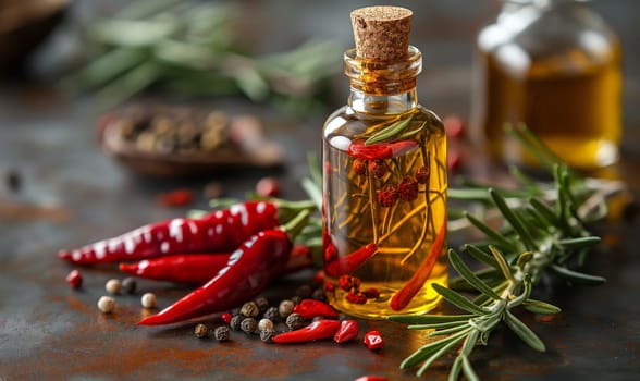 Bottle of Olive Oil and Spices on Table. Selective soft focus.