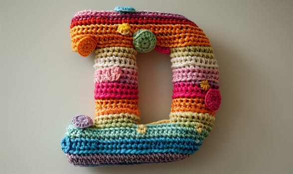 Knitted colored letter D on an abstract background. Selective focus.