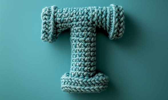 Knitted colored letter T on an abstract background. Selective focus.