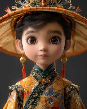 Cartoon, 3D boy in national traditional Asian attire. Selective focus.