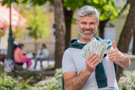 Rich happy mature man counting money cash, calculate domestic bills salary sitting on chair. Bearded guy satisfied of income earnings saves money for planned gifts. Bearded guy tourist on city street