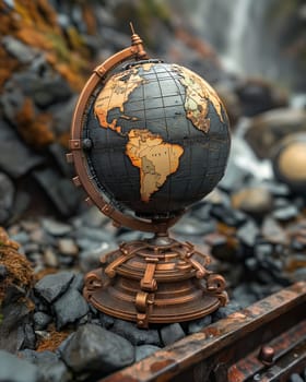 Steampunk globe on stones. Selective focus.