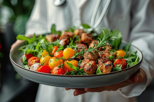 A chef is holding a plate of food, which includes a variety of vegetables and meat. The plate is black and the chef is wearing a white coat. Concept of health and wellness