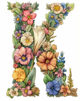 The letter K of colorful flowers on a white background. Selective focus.