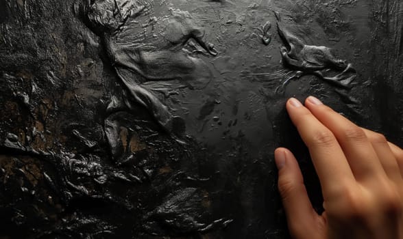 Persons Hand Touching Black Wall. Selective soft focus.