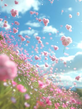 A field of pink flowers with a blue sky in the background. The flowers are scattered all over the field, creating a sense of freedom and joy. The scene is peaceful and serene