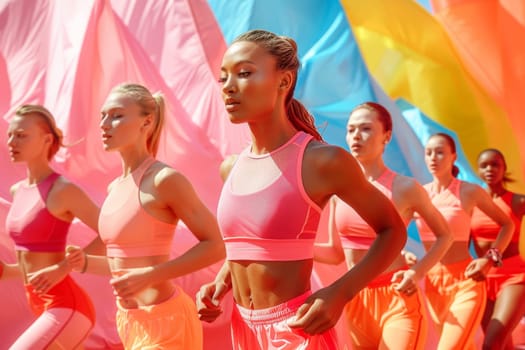 A woman runs in front of a colorful wall. The wall is orange and blue, and the woman is wearing pink and blue clothing. Concept of energy and movement