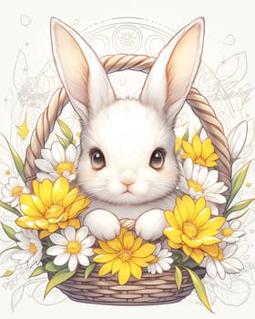 White Bunny Sitting in Basket With Yellow Flowers. Selective focus