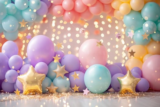 A colorful room with a lot of balloons and stars. The balloons are in different colors and sizes, and the stars are scattered around the room. Scene is cheerful and festive