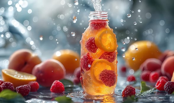 Fresh fruits in a bottle of water. Selective focus