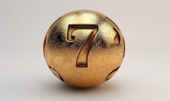 Golden ball with a number 7 on a white background. Selective focus.