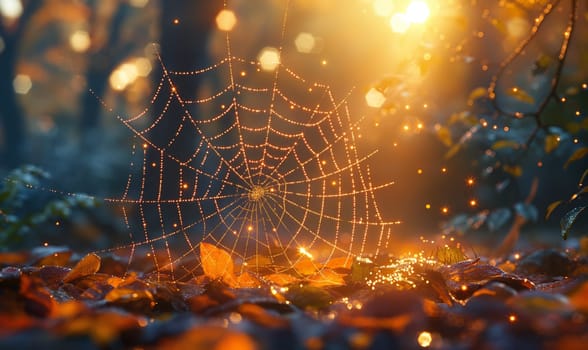 Dew Covered Spider Web Close Up. Selective focus