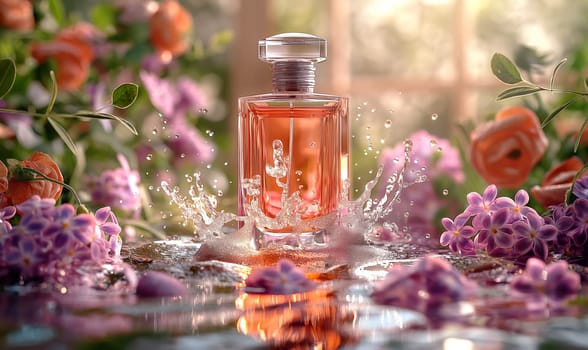 Elegant Perfume Bottle Amidst Lilac Flowers. Selective focus