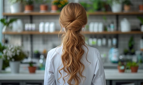 Woman Standing by Shelf of Flowers. Selective soft focus.