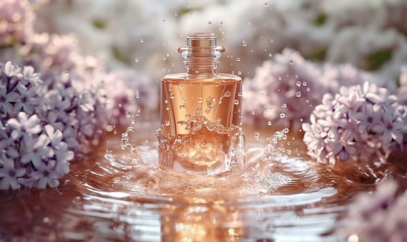 Elegant Perfume Bottle Amidst Lilac Flowers. Selective focus