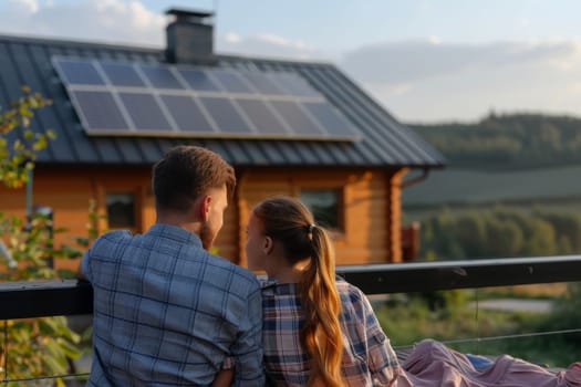 Modern Family using house with solar panels. Alternative energy, saving resources and sustainable.