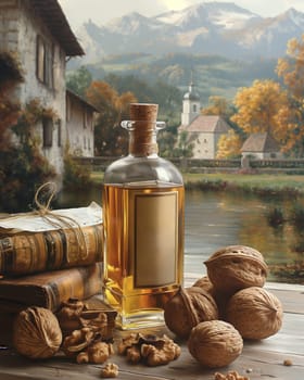 A bottle of oil and walnuts on a wooden table. Selective soft focus.