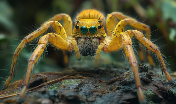 Yellow Spider With Green Eyes Close Up. Selective focus