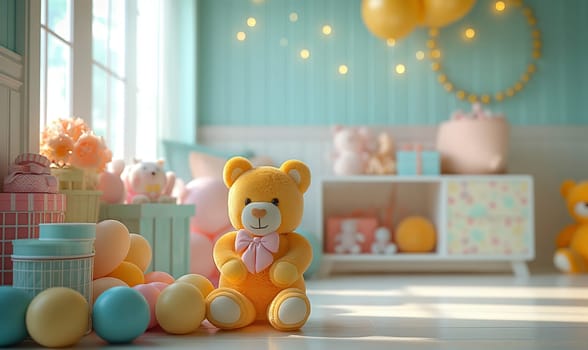 Illustration of a teddy bear with balloons in the room. Selective soft focus.