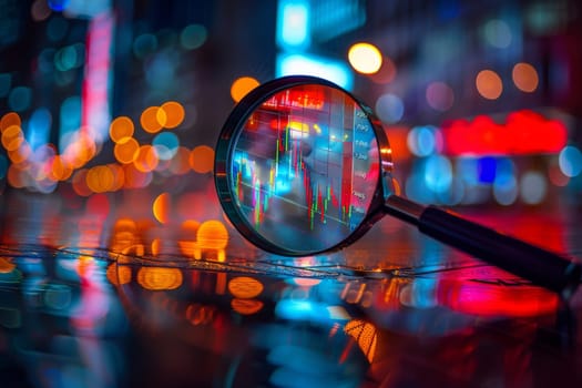 A magnifying glass is on a table with a colorful background. The background is a mix of red, blue, and green colors. Concept of curiosity and exploration