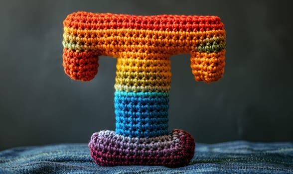 Knitted colored letter T on an abstract background. Selective focus.