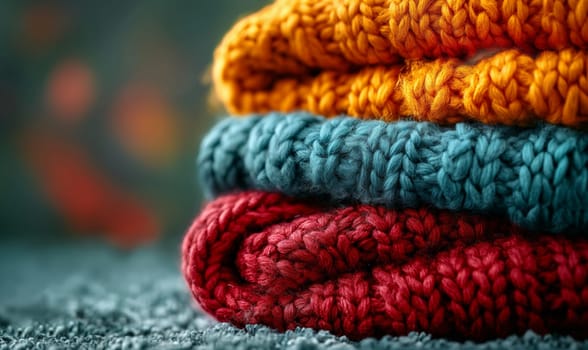 A stack of knitted items on a blurred background. Selective focus.