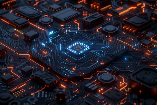 A close up of a circuit board with blue and orange lights. Concept of complexity and sophistication, as the intricate design of the circuit board suggests a high level of technical expertise