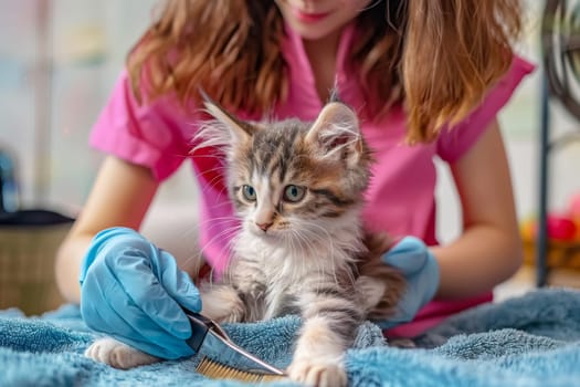 Woman grooming a cat. Pet care and grooming concept.