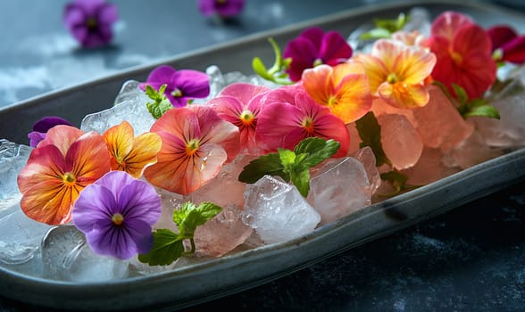Tray With Ice and Colorful Flowers. Selective focus