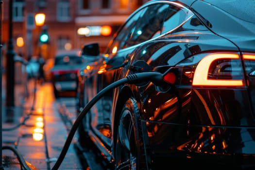 A black car is charging at a charging station. The car is parked on a wet street, and the lights of the car and the street are glowing in the dark. Concept of modern technology