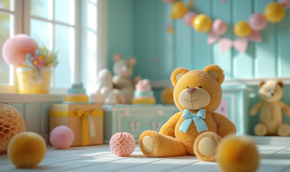 Illustration of a teddy bear with balloons in the room. Selective soft focus.