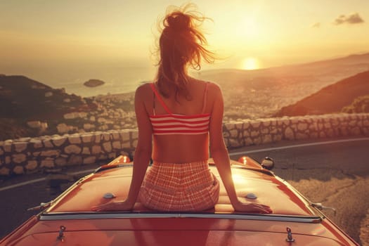 A woman is sitting in a red car, looking out at the horizon. The sun is setting, casting a warm glow over the scene. The woman is enjoying the view and taking in the beauty of the moment