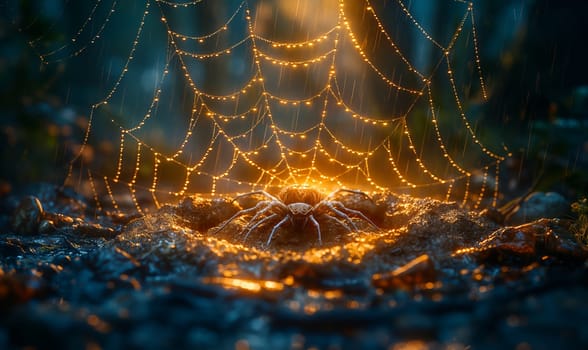 Dew Covered Spider Web Close Up. Selective focus