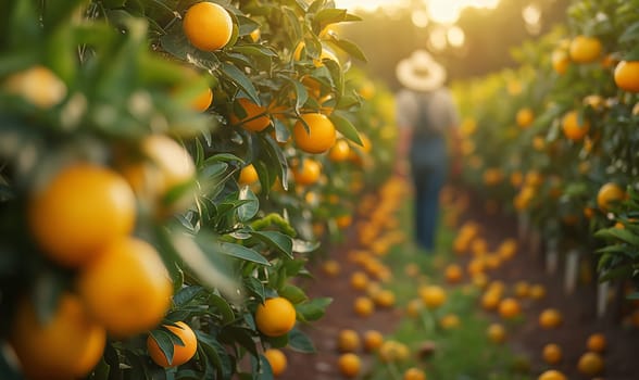 Man in straw hat strolling in orange grove. Selective focus.