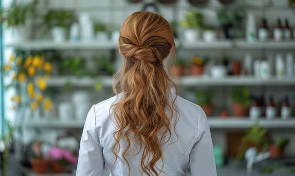 Woman Standing by Shelf of Flowers. Selective soft focus.